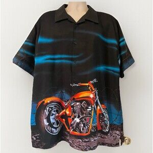 VTG Steve & Barrys Club Shirt Orange Biker Button Up Mens XL Black Motorcycle